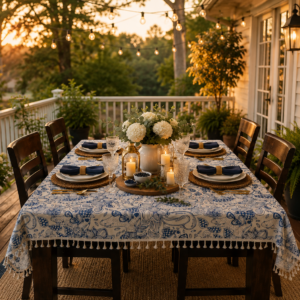 blue flower and llama tablecloth