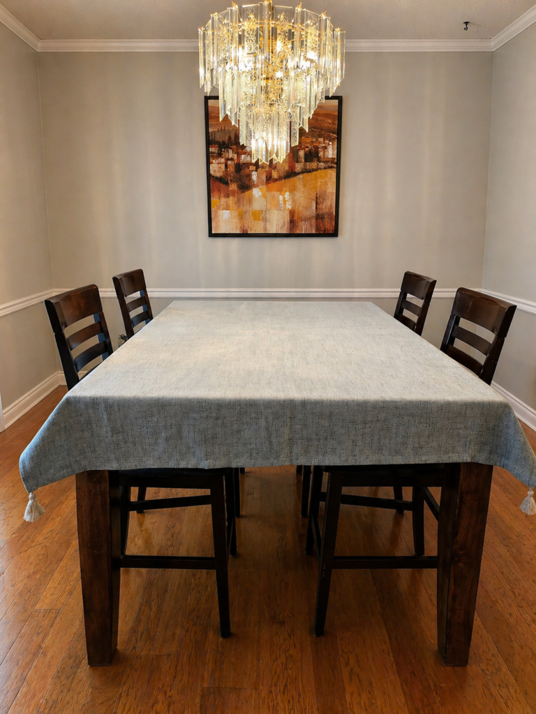 blue fabric rectangle tablecloth